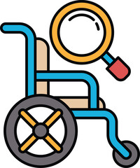 A blue wheelchair with a yellow magnifying glass on the handle