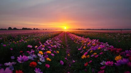 Obraz premium Blooming wildflower sunset reflection on misty pathway with vivid silhouette concept. Vibrant flower field at sunset with colorful blossoms and sky.