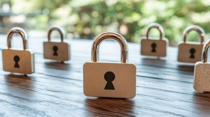 Naklejka premium Multiple Silver Padlocks on Brown Wooden Surface, Security Concept
