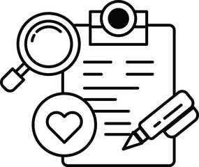piece of paper with a magnifying glass a pen and a heart