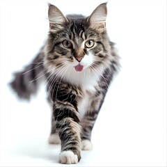Fototapeta premium Playful Maine Coon cat with tongue out walking forward on white background, long fluffy fur and distinctive markings, isolated for design and advertising use.