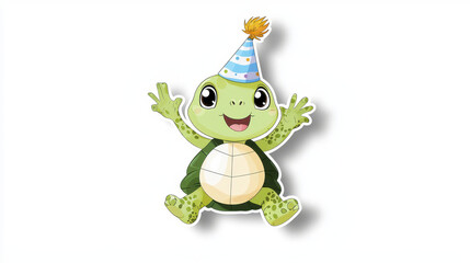 Cute cartoon turtle wearing party hat, celebrating joyfully with arms raised. Perfect for birthday themes and children events