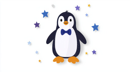 Naklejka premium Cute penguin character with bow tie surrounded by colorful stars, perfect for children designs and playful themes