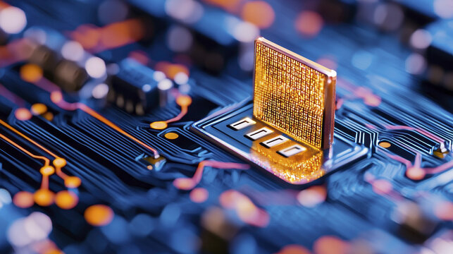 close up view of microprocessor on circuit board, showcasing intricate details and vibrant colors, highlighting technology and innovation