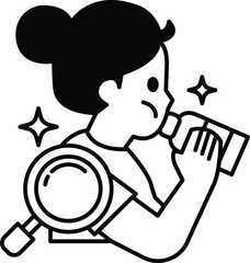 girl is drinking from a bottle with a magnifying glass in the background