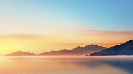 serene landscape featuring tranquil seascape at sunrise, with soft pastel colors illuminating sky and reflecting on calm water