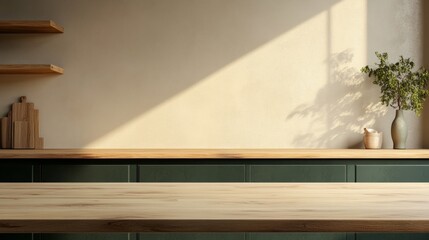 Fototapeta premium A stylish light wooden table in front of dark green cabinets and beige walls, perfect for product display with copy space