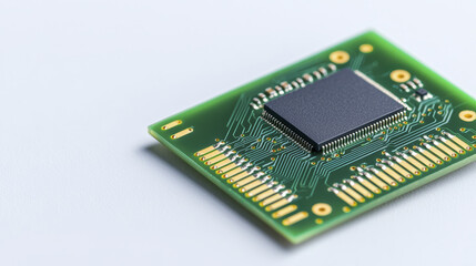 close up view of green circuit board featuring microchip, showcasing intricate electronic components and connections, symbolizing technology and
