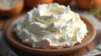 A fresh ricotta cheese mound fluffy and textured