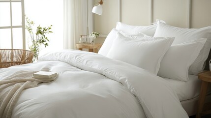 A warm and inviting bedroom with neatly arranged white bedding and a minimalist nightstand lamp.