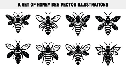 Honey Bee Silhouette Set, Flying Bees Illustration, Insect Icons, White Background
