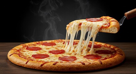 とろけるチーズ 食欲をそそるペパロニピザ 温かい照明