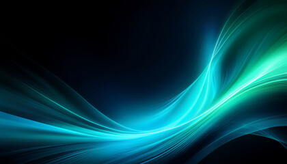 Abstract Ultramarine blue-Emerald green color light ultraviolet gradient radiance soft texture on dark black abstract background. Neon blur glow. Color light overlay. Copy space.