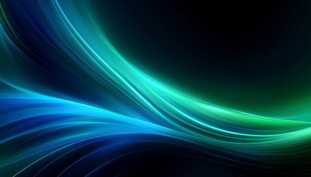 Abstract Ultramarine blue-Emerald green color light ultraviolet gradient radiance soft texture on dark black abstract background. Neon blur glow. Color light overlay. Copy space.