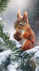 Fototapeta premium Snowy woods and a squirrel with a pinecone.