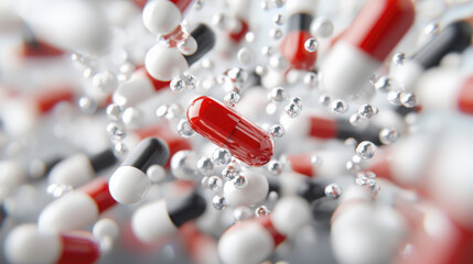 Colorful capsules and pills floating in dynamic arrangement, creating sense of motion and energy in healthcare and pharmaceutical context