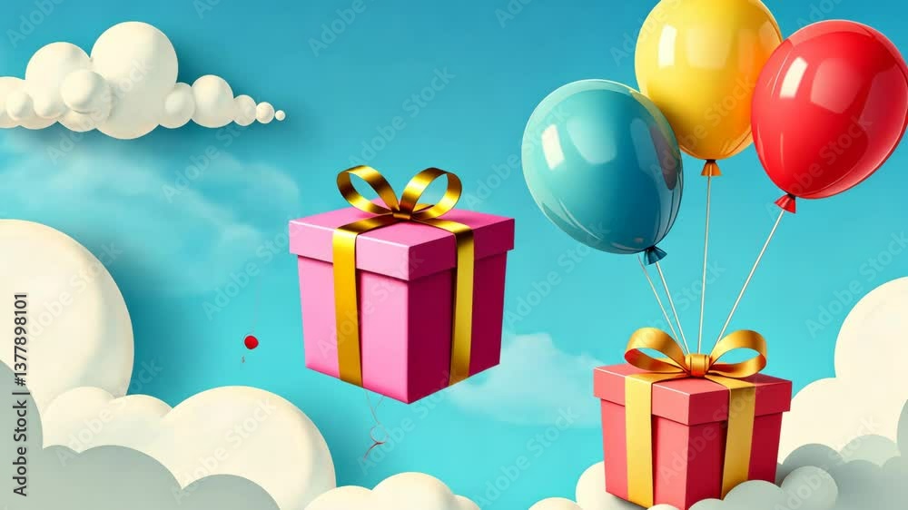 Aufkleber A box with a red ribbon on top of a cloud. There are three balloons in the air
