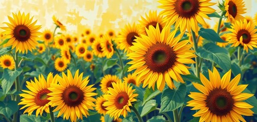 Vibrant sunflower field, Impressionistic style, oil paint texture, home decor, botanical