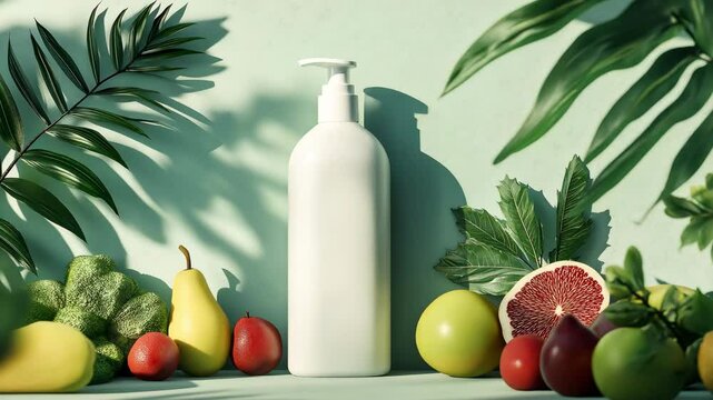 A white blank plastic cosmetics container for shampoo mockup with blank label surrounded by fruits, Cosmetics bottle mockup	