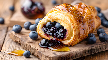 delicious blueberry filled croissant with glossy glaze, surrounded by fresh blueberries