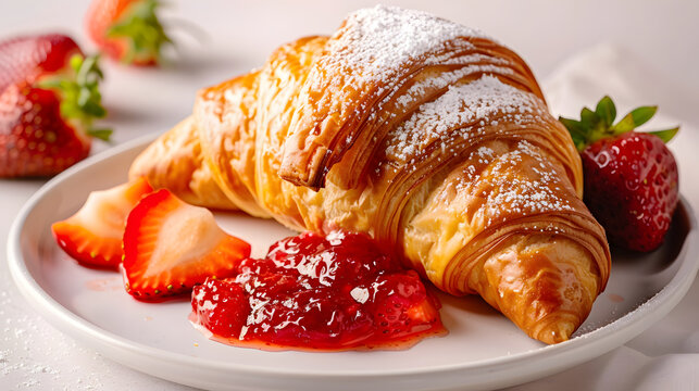delicious croissant filled with strawberry jam and fresh strawberries