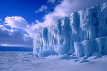 Frozen Waterfall with Icicles Under Blue Sky on a Snowy Landscape