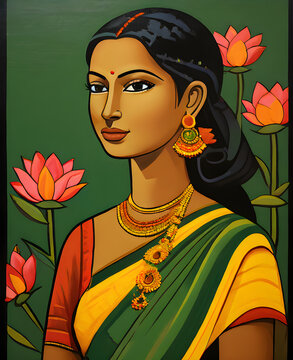 Indian woman in saree, Abstract art, woman with flowers, illustration of a woman,  vector illustration of a woman
