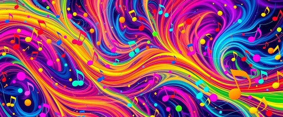 Fototapeta premium Vibrant, swirling background filled with colorful musical notes of varying sizes and shapes, vibrant, festive