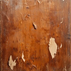A close-up of a weathered wooden surface with peeling paint, showcasing rich brown tones and textures.