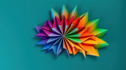 Colorful Origami Star Design on Teal Background Creates a Playful Mood