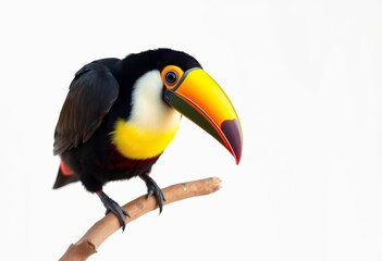 Obraz premium Vibrant toucan with colorful beak perched on white background, exotic bird, bird of paradise