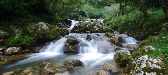 Fototapeta premium Waterfall A long-exposure shot of a majestic waterfall, creating a silky-smooth water effect