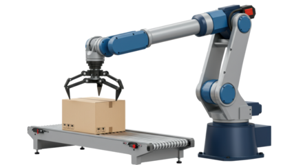 Isolated Automated Robotic Arm Lifting Cardboard Box on Conveyor Belt