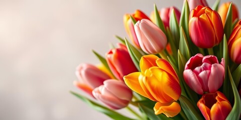 Obraz premium Vibrant tulip bouquet, soft bokeh background, Thanksgiving/Mother's Day theme, macro, colorful