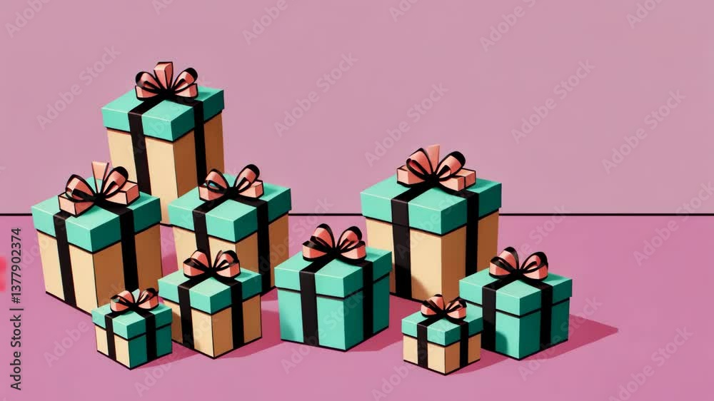 Poster A pile of presents with red bows on them. There are many different colors of presents. Some are green, some are yellow, and some are pink
