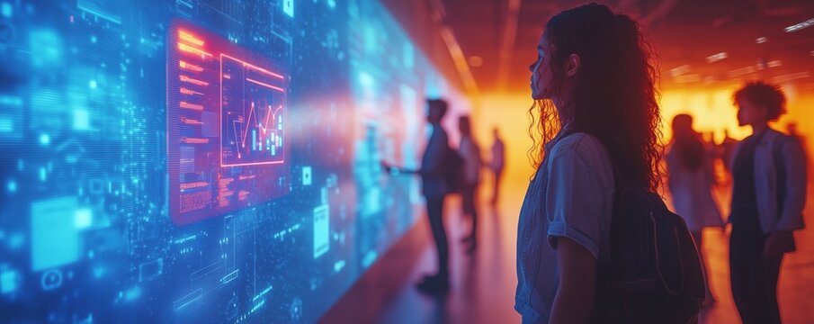 A diverse group of young entrepreneurs networking in Engaging with digital innovation exhibition hall interactive display modern environment close-up view technology insights