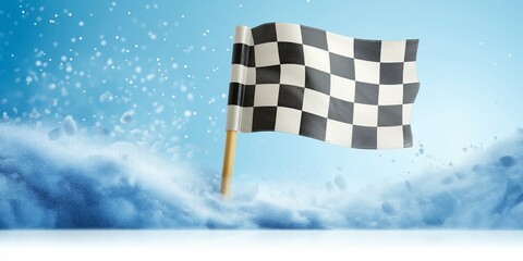 Checkered flag graphic design with an abstract background of dust and particles, a dynamic racing theme.