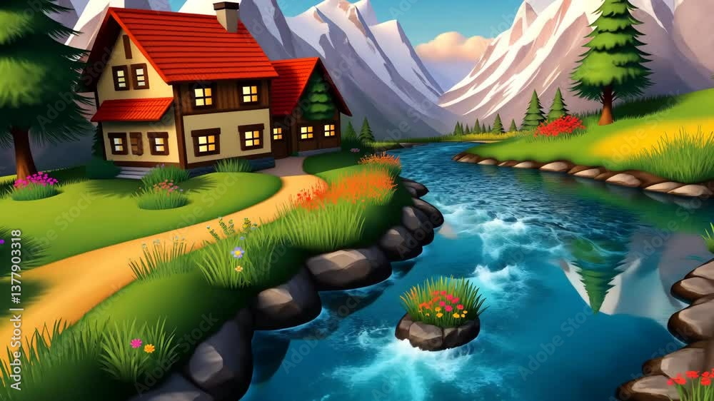 Poster a house with a red roof is in front of a mountain. the house is surrounded by a green field