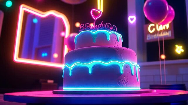 Neon Birthday Cake, Party Room, Celebration, Digital Art