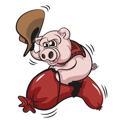 isolated vector illustration of a cartoon pig riding a wild sausage in west rodeo style wiener while waving a cowboy hat