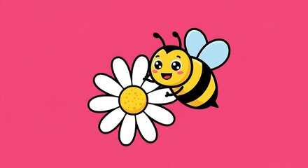Cute Bee Cartoon Illustration Pink Background Happy Bumble Flower AI Generated