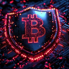 Fototapeta premium Exploring the Future of Digital Payments and Security with a Bitcoin Shield and Computer Circuit Technology
