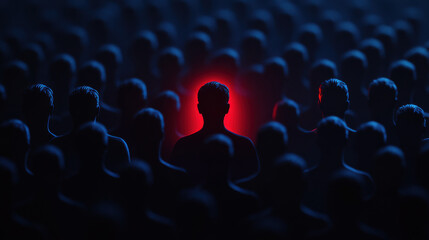 Fototapeta premium A moody visual scene of monochrome human icons arranged in deep perspective, one character vividly lit in red among dark blue shadows, top-down lighting with soft diffusion