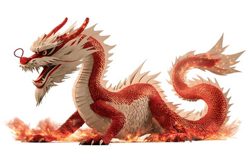 Fototapeta premium Red Dragon Fantasy Illustration On Transparent Background With Fiery Details