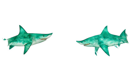 Fototapeta premium Two White Sharks Illustration Against Black Background Transparent Image