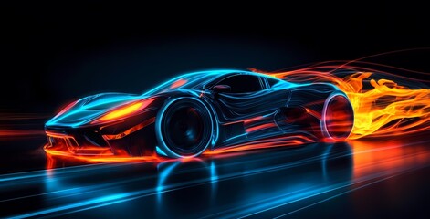 Naklejka premium Futuristic sports car engulfed in vibrant neon flames, glowing with iridescent light. A dynamic, abstract digital masterpiece with a striking, colorful composition.