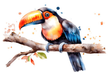 Fototapeta premium Watercolor Illustration Of A Colorful Toucan Bird Perched On A Branch