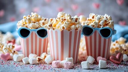 Fun Valentine's Day movie scene with 3D glasses, striped popcorn boxes, marshmallows, and heart decor, perfect for sweet celebrations