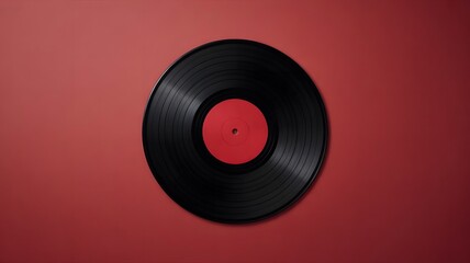 Top view flat lay of black vinyl record. Red label contrasts with grooves. Retro music, sound concept. Minimalist style, vibrant colors and clean design. Ai Generated