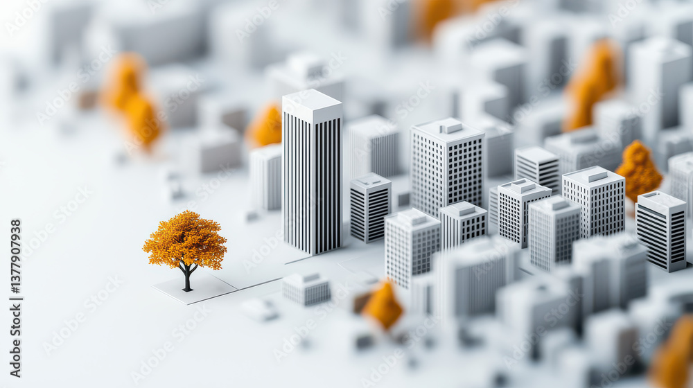 Fototapete minimalist 3d cityscape features white buildings with single orange tree, creating striking contrast